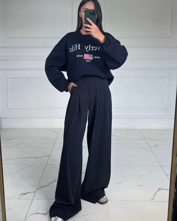 High-Waisted Navy Pinstripe Wide-Leg Pants | بنطلون كحلي مخطط عالي الخصر واسع