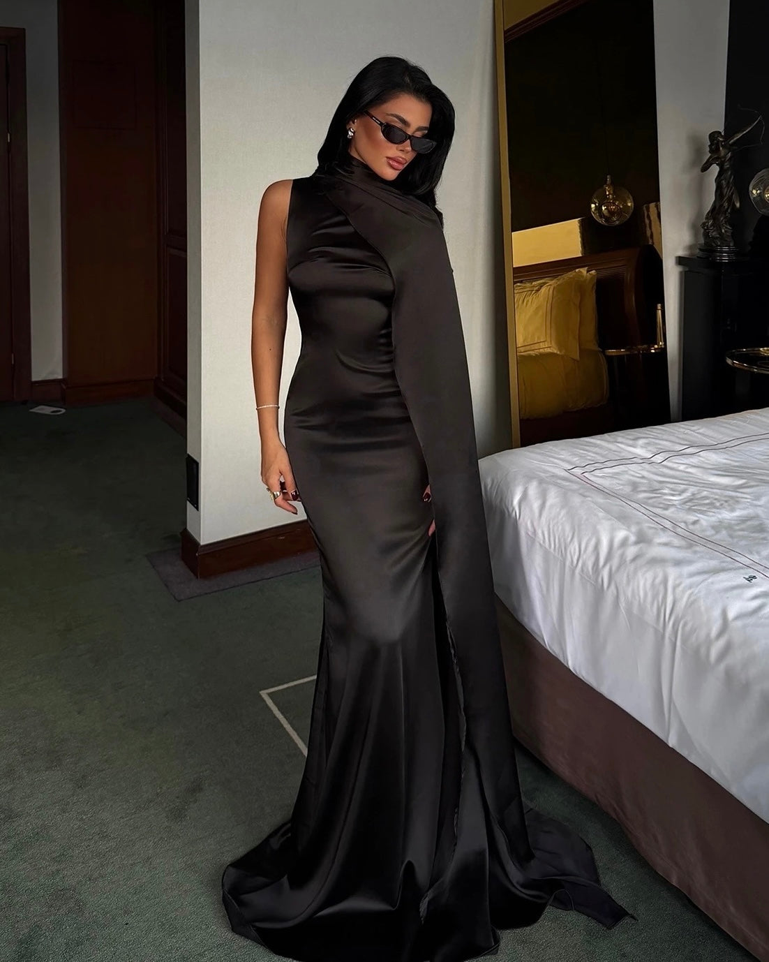Elegant Black Satin Dress with Draped Scarf | فستان ساتان اسود بقصة ضيقة مع شال منسدل