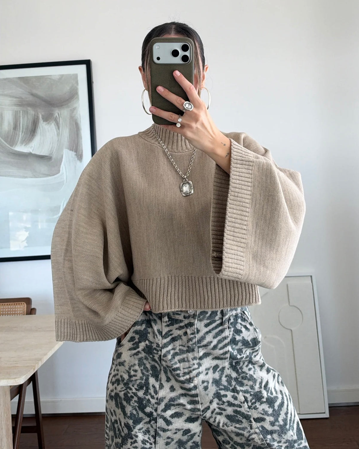 Oversized Knit Mock Neck Sweater with Wide Sleeves | بلوزة بقصّة أوفرسايز وأكمام واسعة