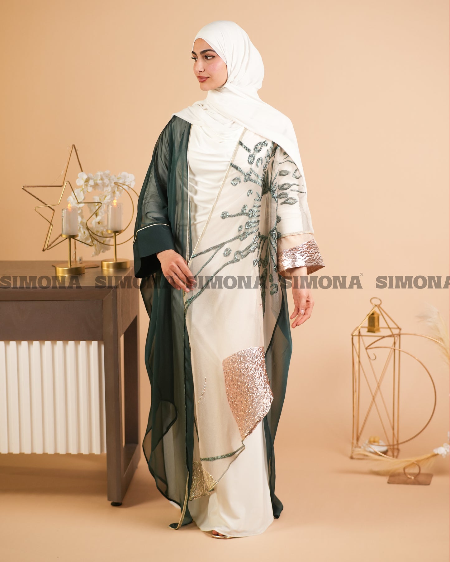 Green Kaftan with Gold Shimmery Embroidery