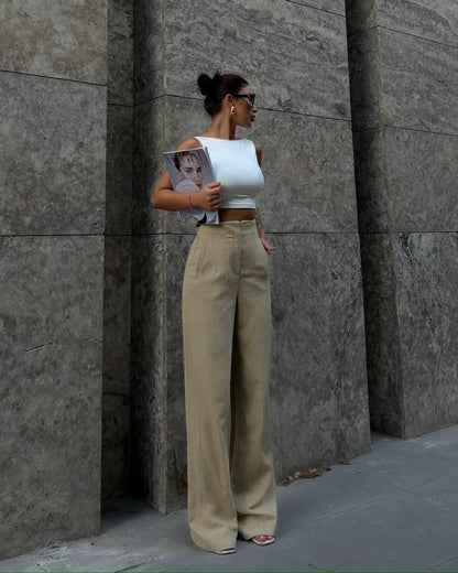 Beige Cotton Wide-Leg Pants