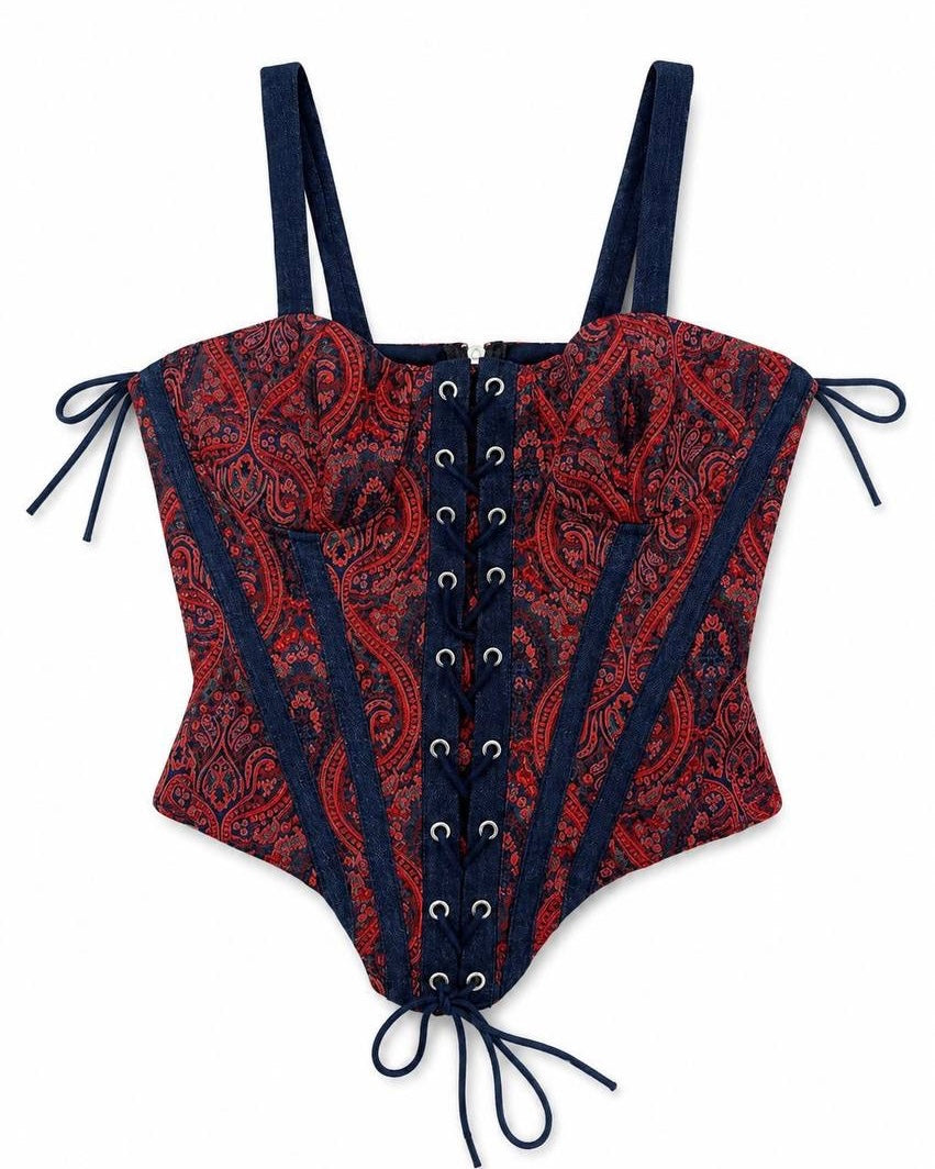 Paisley Lace-Up Corset Top | كورسيه بنقشة بيزلي ورباط أمامي