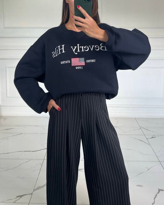 High-Waisted Navy Pinstripe Wide-Leg Pants | بنطلون كحلي مخطط عالي الخصر واسع