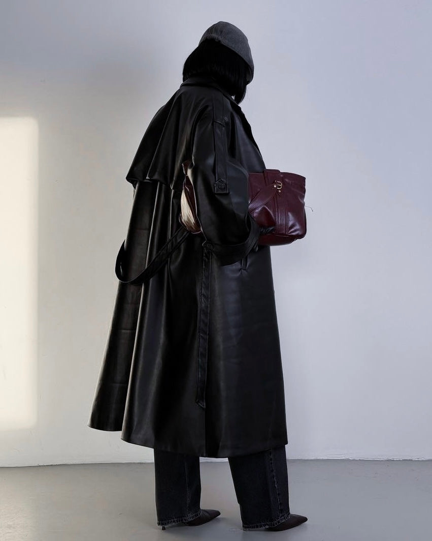 Black Leather Trench Coat | جاكيت جلد أسود ترنش