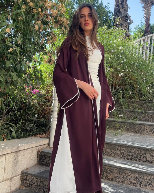 Elegant Maroon Abaya with Floral White Details | عباية أنيقة باللون الخمري مزينة بتفاصيل ورود بيضاء