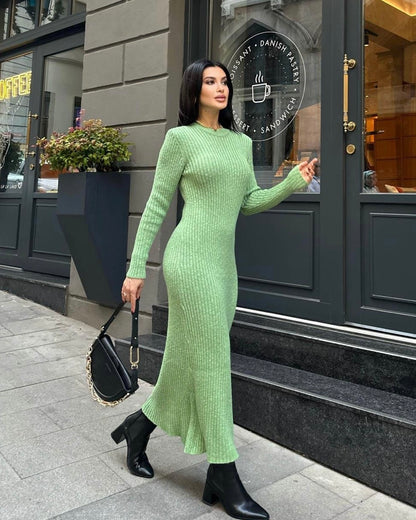 Green Knit Long Sleeve Dress