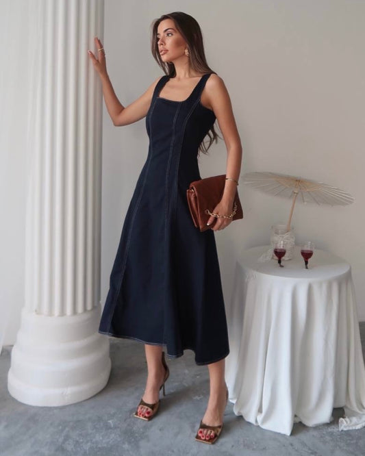 Dark Wash Denim Midi Dress with Square Neck and A-Line Silhouette | فستان جينز غامق ميدي وخصر محدد