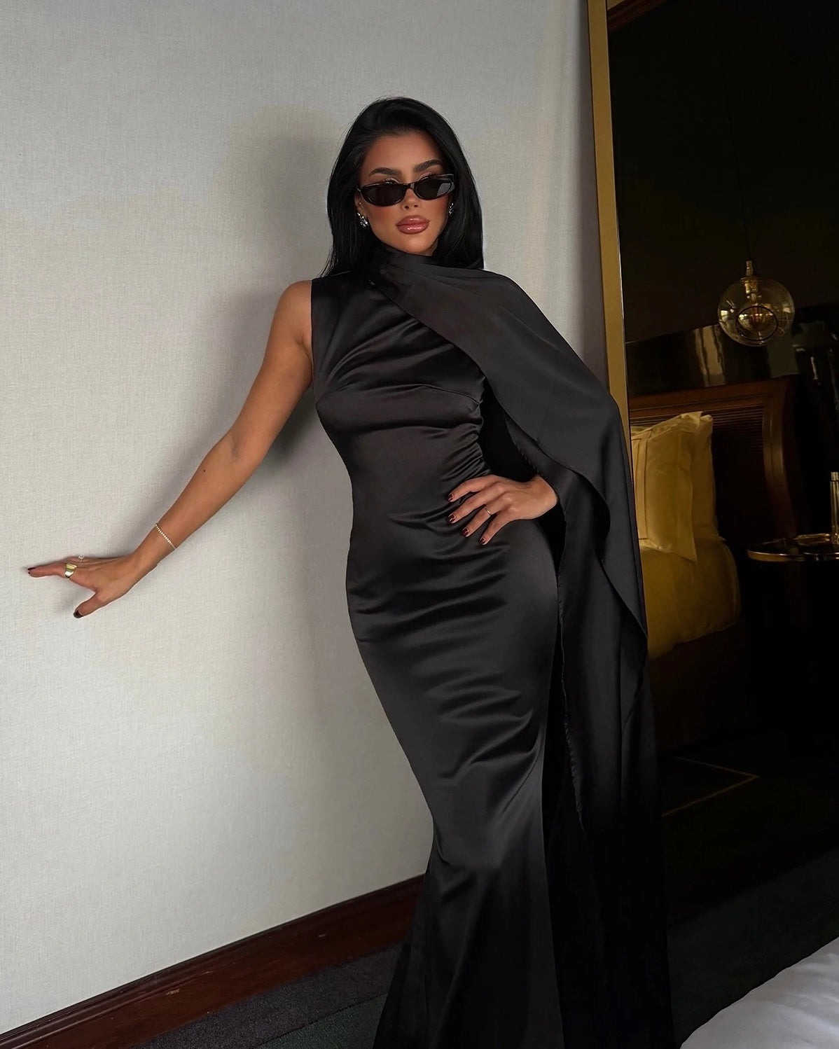 Elegant Black Satin Dress with Draped Scarf | فستان ساتان اسود بقصة ضيقة مع شال منسدل