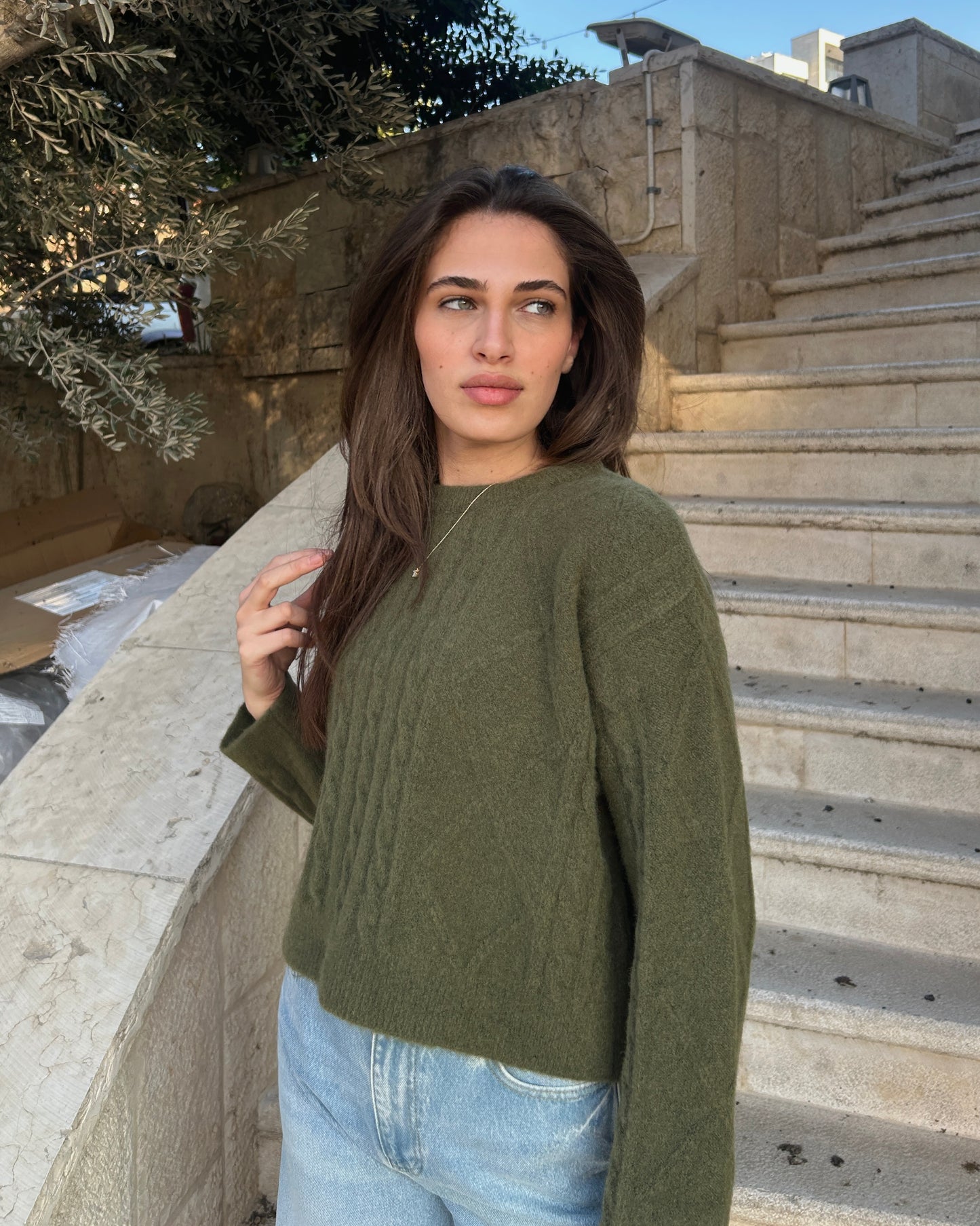 Olive Green Knit Braided Sweater | سويتر محاك مضفر باللون الزيتوني