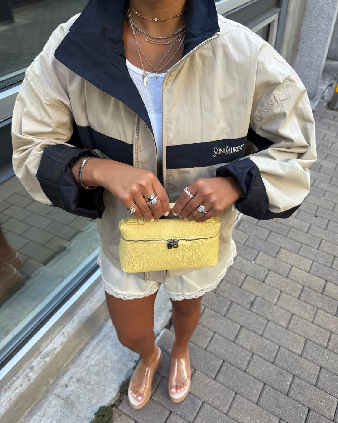 Saint Laurent Cream Colorblock Zip-Up Jacket with High Collar | جاكيت سان لوران بيج بسحاب وياقة عالية
