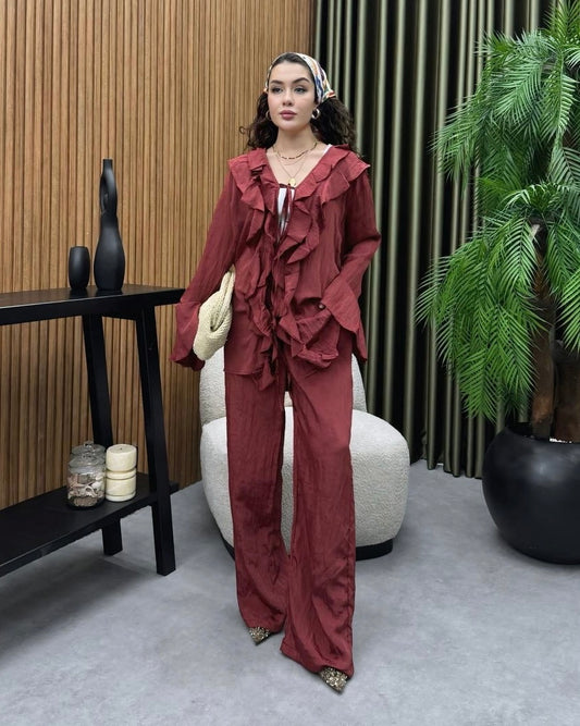 Dark Terracotta Set with Ruffle Details | طقم كرميدي غامق بتفاصيل كشكش