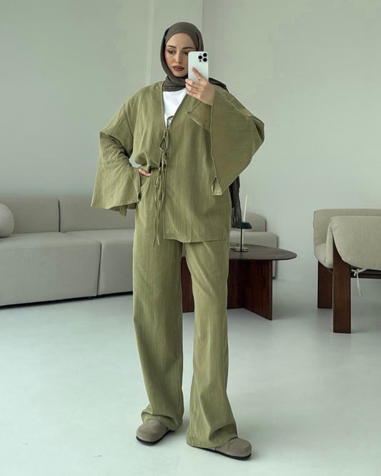 Pistachio Tie Front Casual Set | ‎طقم فستقي كاجوال برباط أمامي
