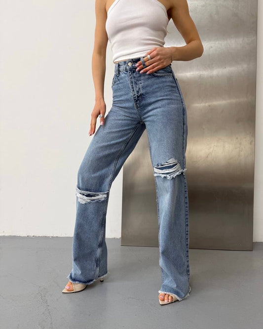 Light Wash Distressed Wide-Leg Lined Jeans | جينز واسع ممزق مبطن