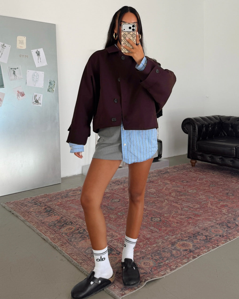 Maroon Oversized Cropped Jacket with Balloon Sleeves & Button Front | جاكيت خمري قصير أوفر سايز بأكمام بالون وأزرار أمامية