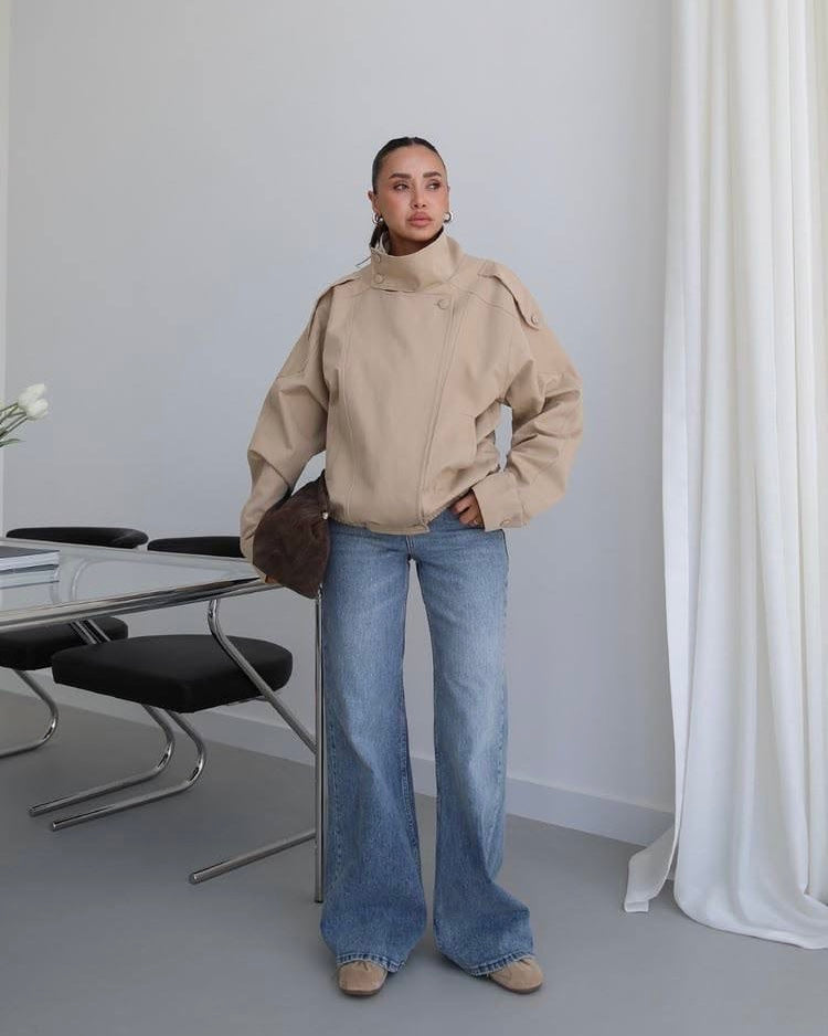 Beige Oversized Jacket with High Collar | جاكيت بيج واسع بياقة عالية