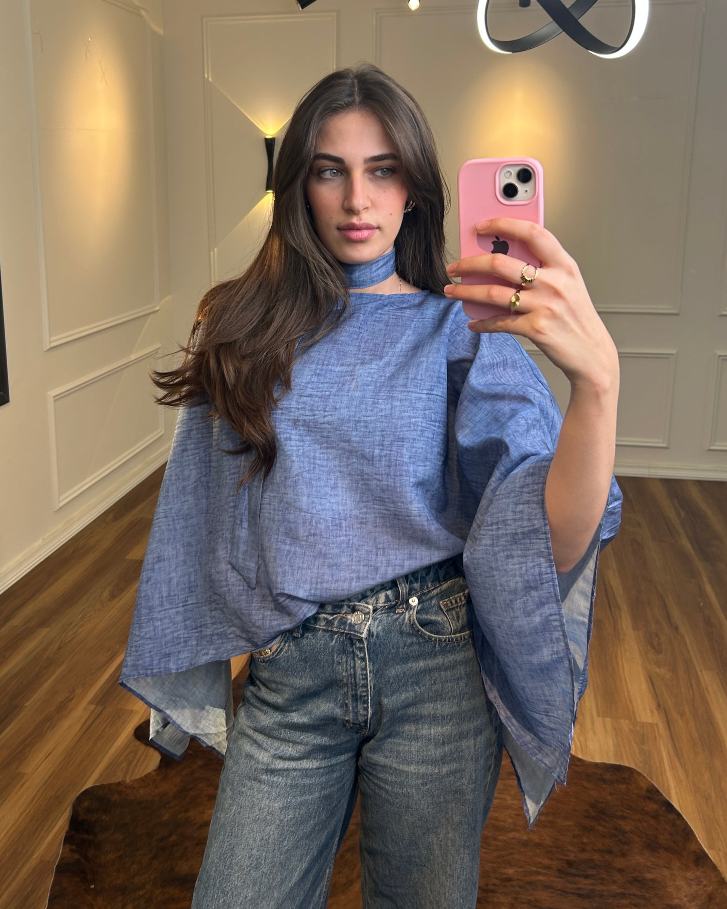 Blue Flowy Cape Top | بلوزة كاب انسيابية باللون الأزرق