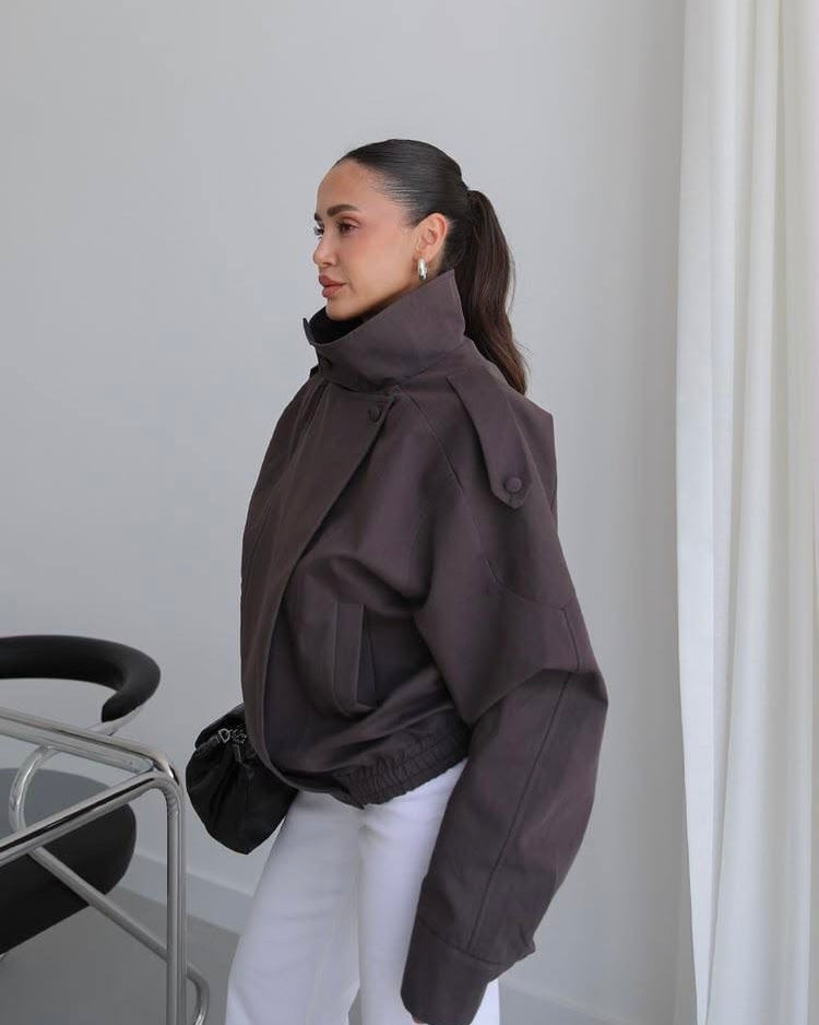 Brown Oversized Jacket with High Collar | جاكيت بني واسع بياقة عالية