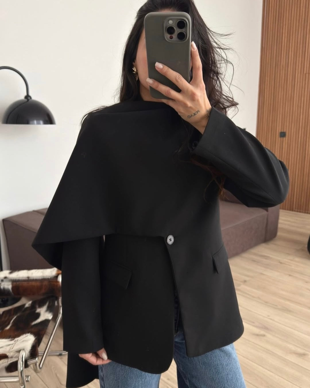 Black Asymmetrical Cape Blazer Jacket | جاكيت بليزر أسود بتصميم كيب غير متماثل