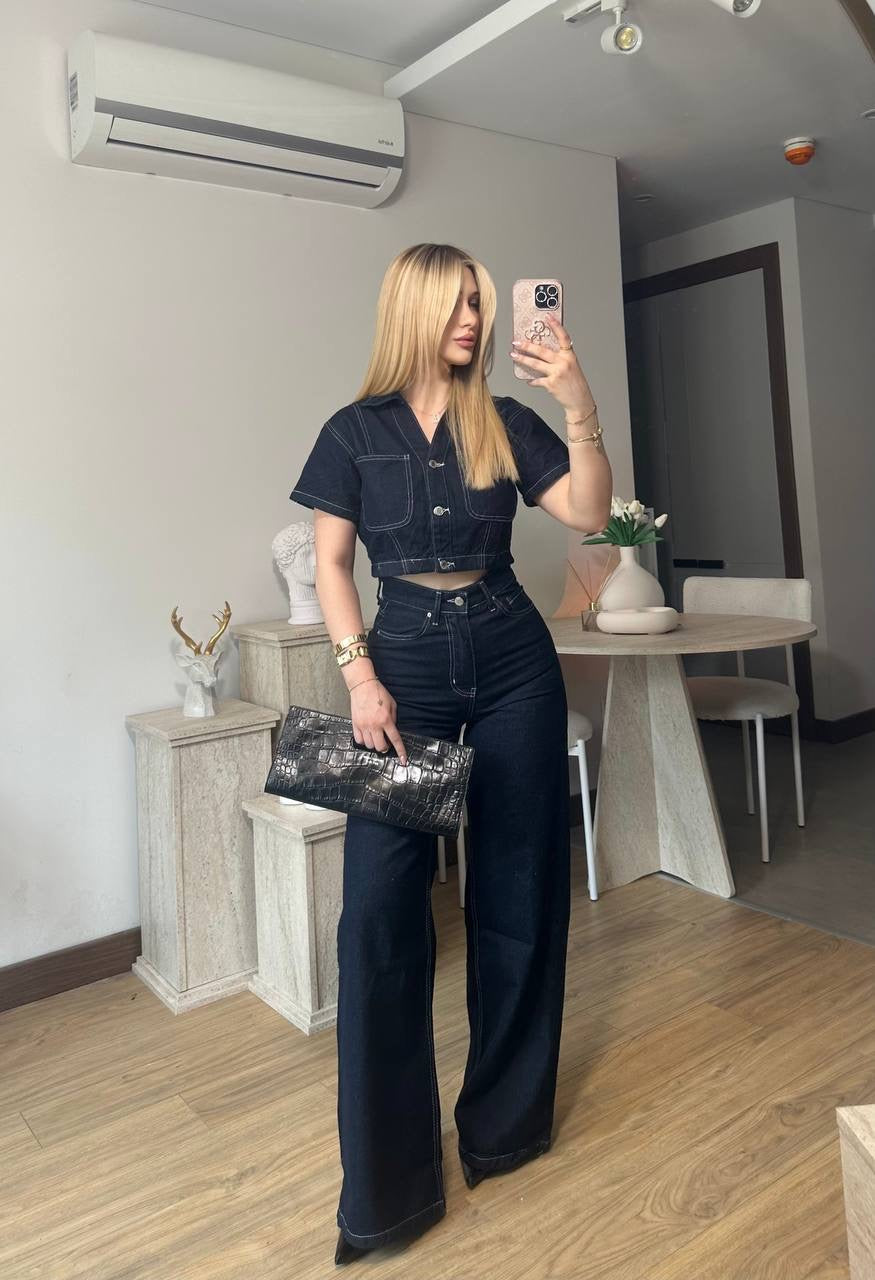 Short Sleeve Denim Set| طقم جينز قطعتين نص كم