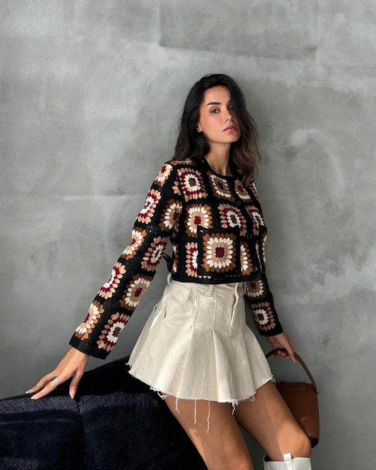 קרדיגן קצוץ בדוגמת ריבוע