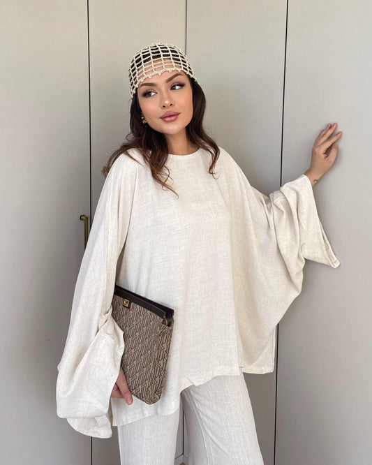 Linen Blend Oversized Two-Piece Set | طقم كتان أوف وايت أوفرسايز
