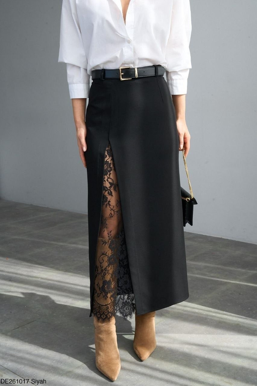 Black long slit skirt with lace|    تنورة سوداء طويلة مفتوحة مع دانتيل