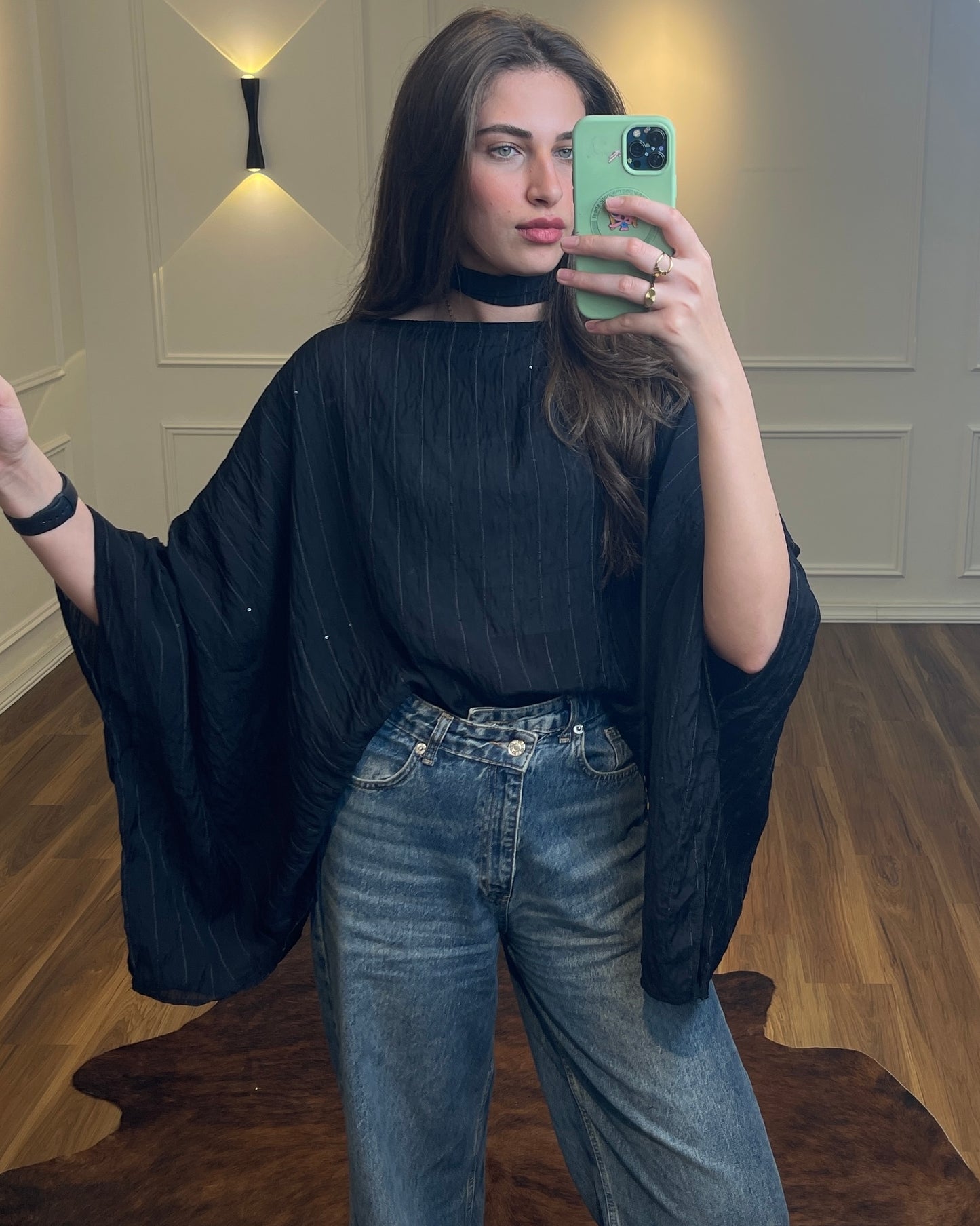 Black Sheer Poncho Blouse with Scarf Detail | بلوزة شيفون سودة بقصة واسعة مع شال