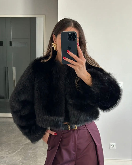 Black Faux Fur Cropped Jacket | جاكيت فرو قصير باللون الاسود