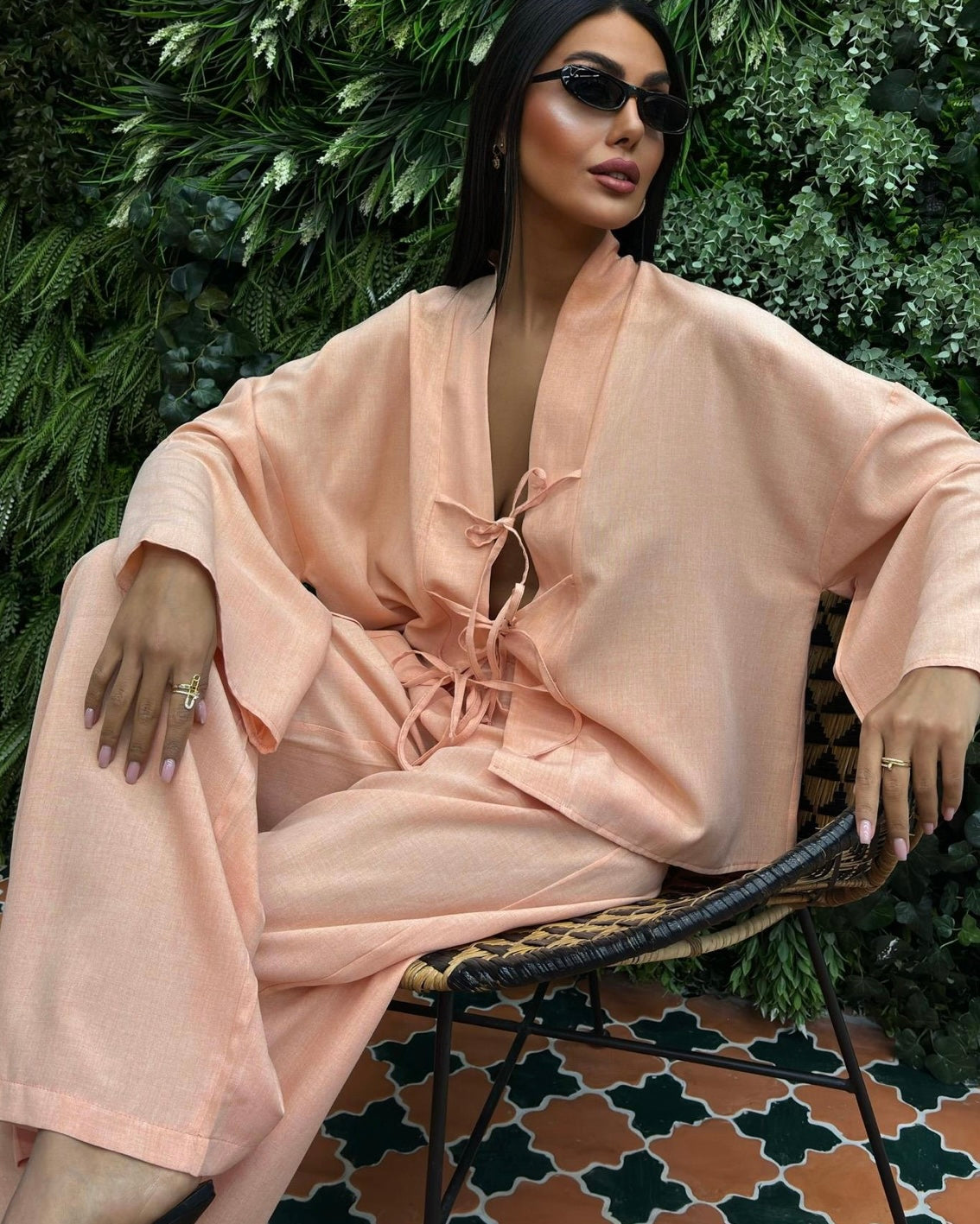 ‏Peach Tie Front Casual Set |  طقم كاجوال مشمشي برباط امامي