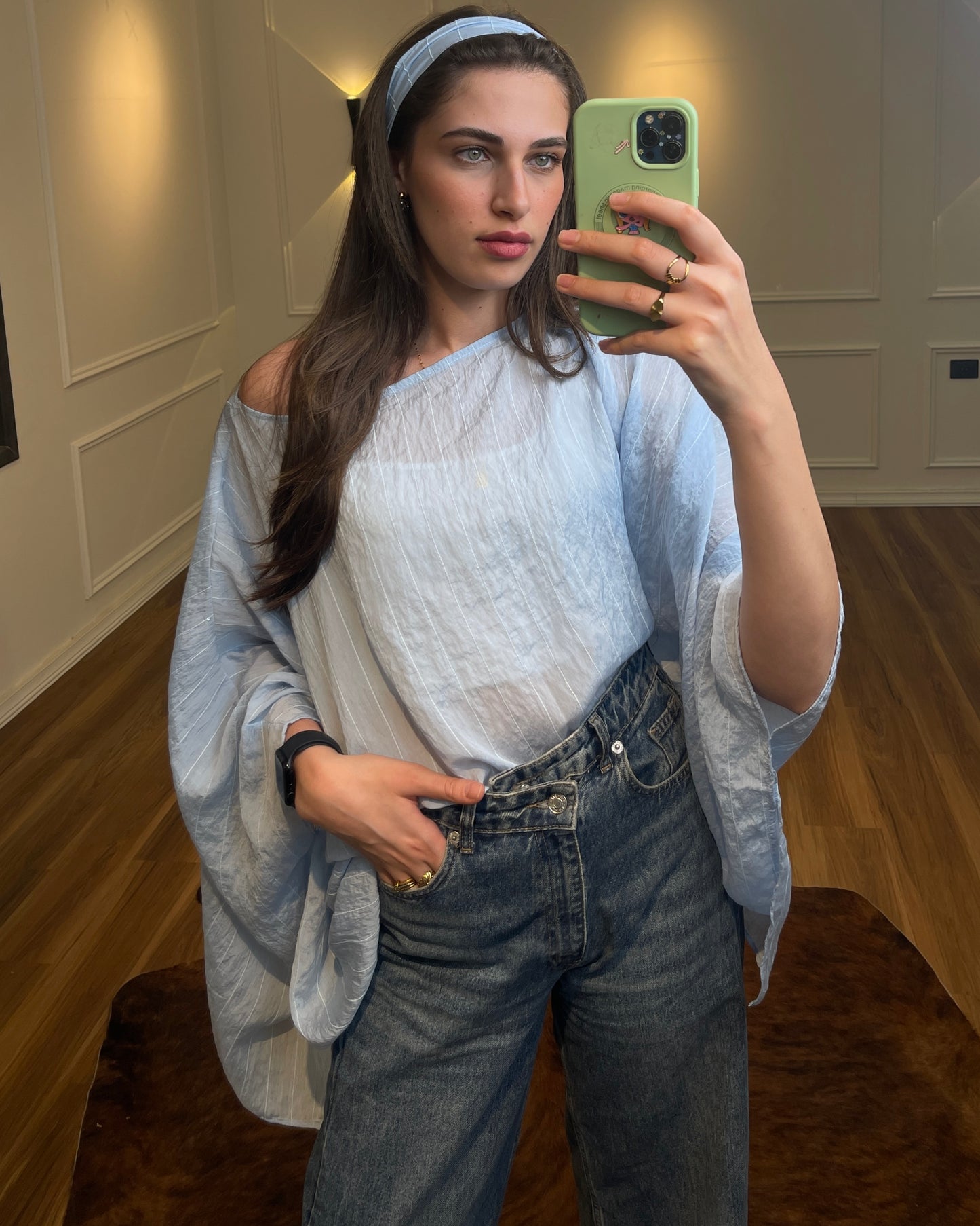 Sky Blue Sheer Poncho Blouse with Scarf Detail | بلوزة شيفون سماوية بقصة واسعة مع شال