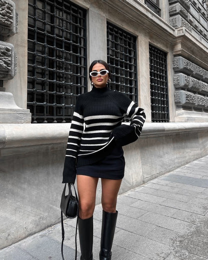 Turtleneck Sweater with Bold Striped Accents in Black