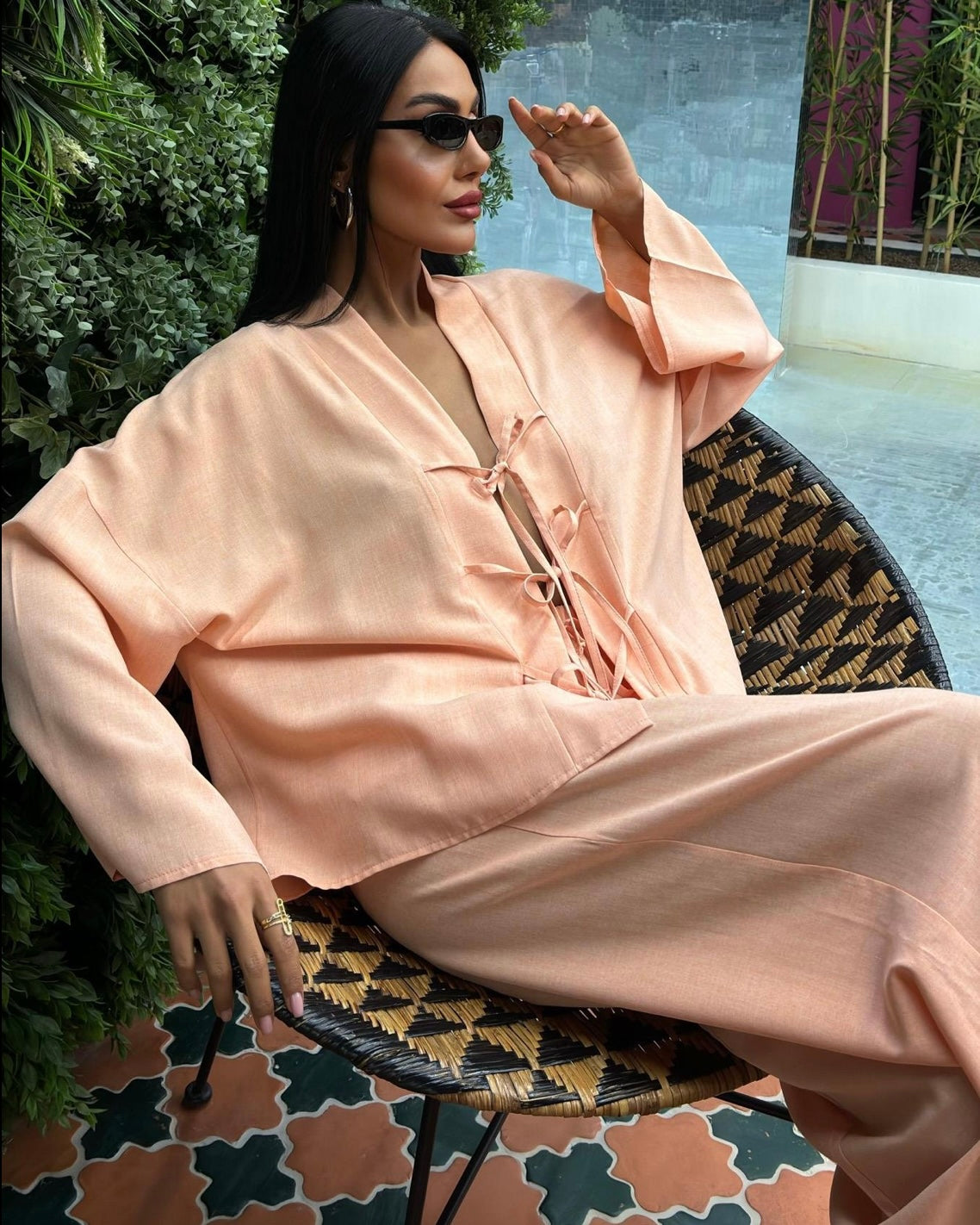 ‏Peach Tie Front Casual Set |  طقم كاجوال مشمشي برباط امامي