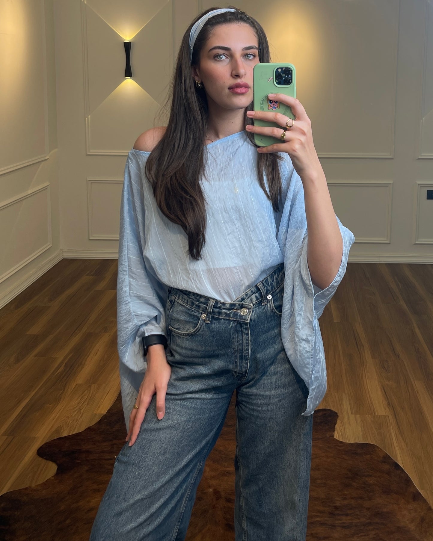 Sky Blue Sheer Poncho Blouse with Scarf Detail | بلوزة شيفون سماوية بقصة واسعة مع شال