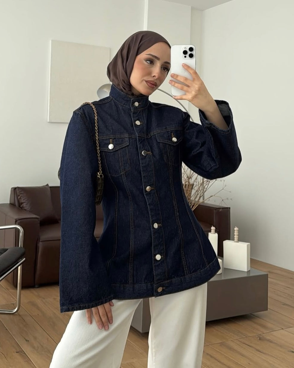 Dark Indigo Structured Denim Jacket | جاكيت جينز داكن بياقة عالية وأكمام واسعة