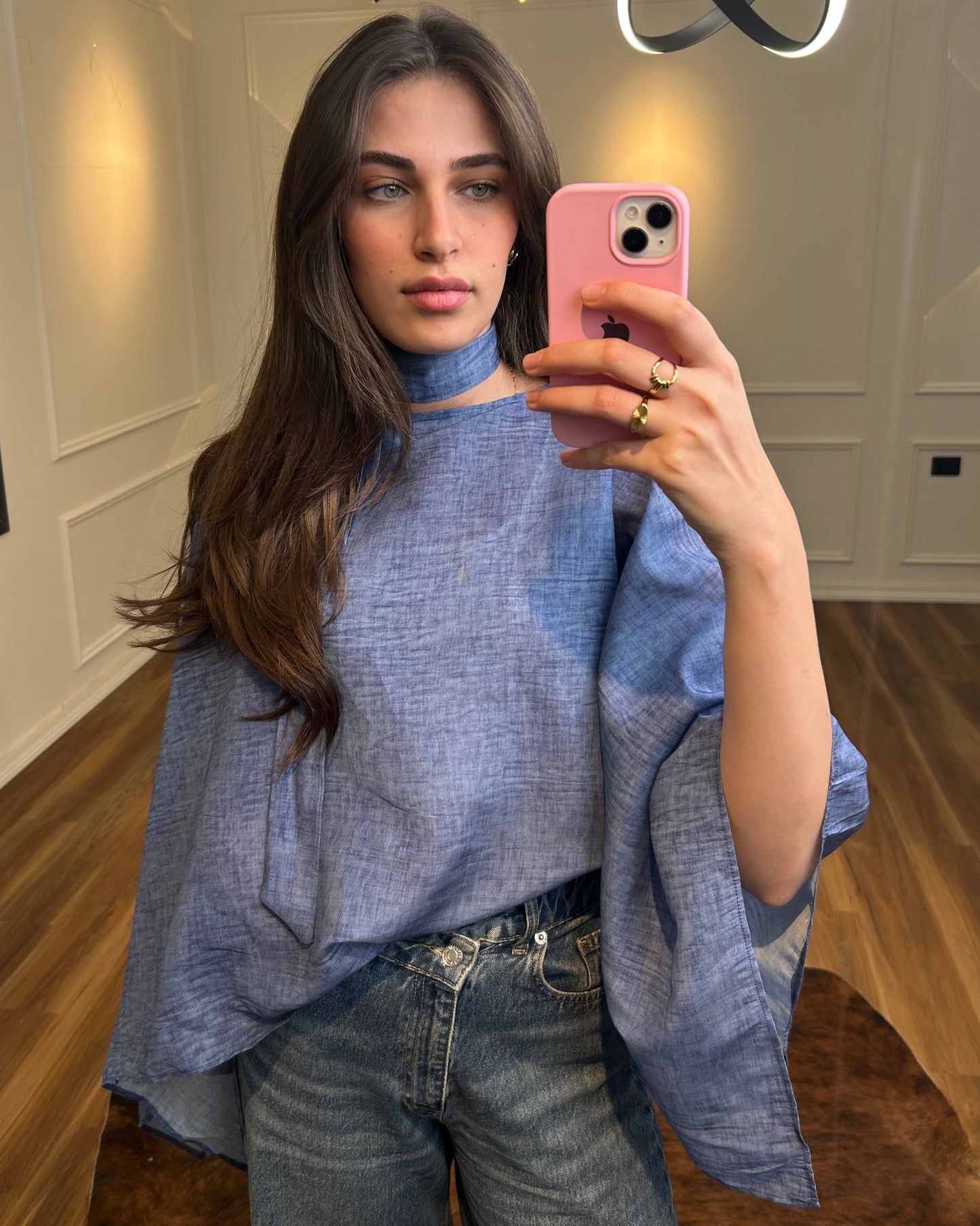 Blue Flowy Cape Top | بلوزة كاب انسيابية باللون الأزرق