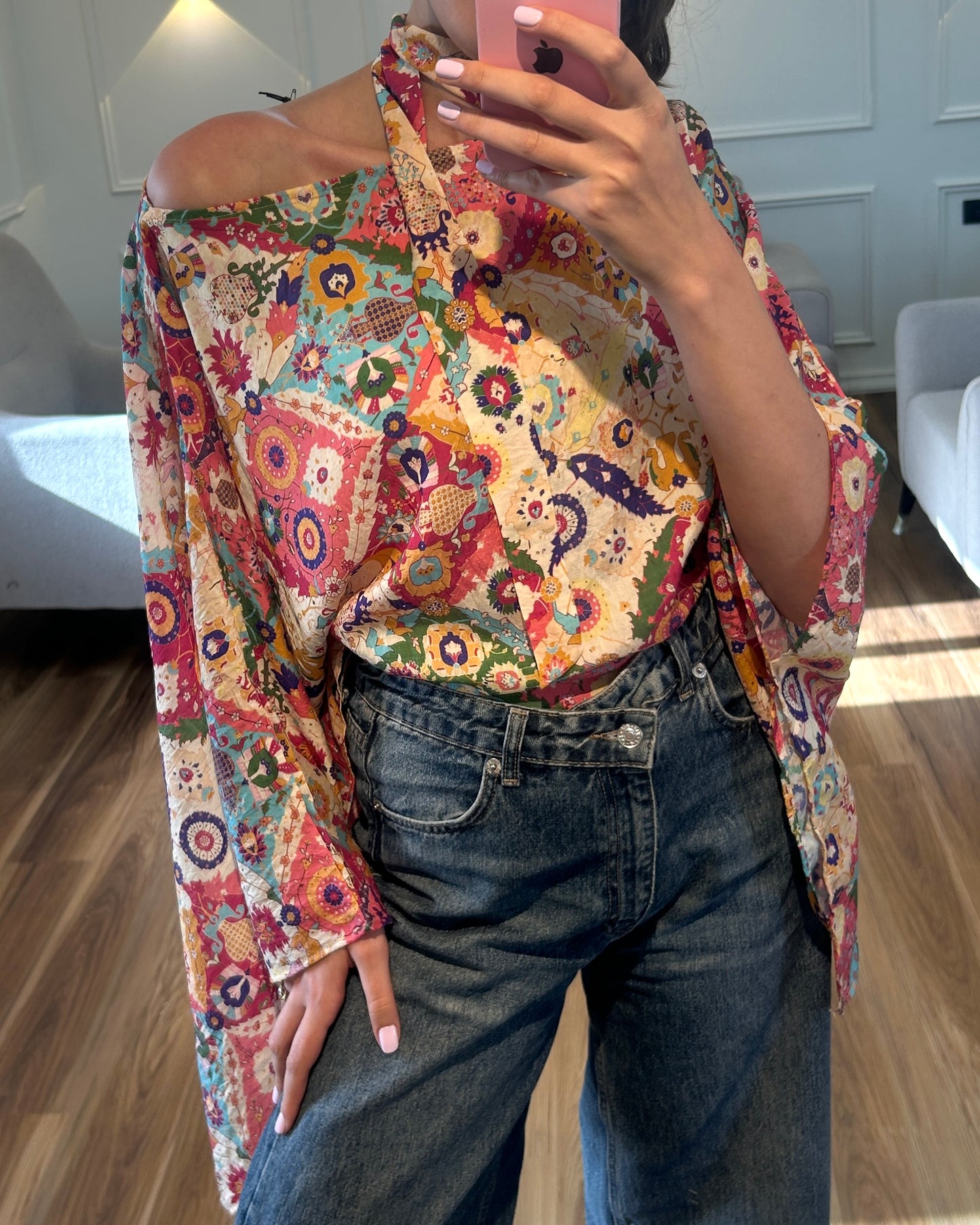 Colorful Floral One-Shoulder Blouse with Neck Scarf | بلوزة ملونة بنقشة زهور مع شال