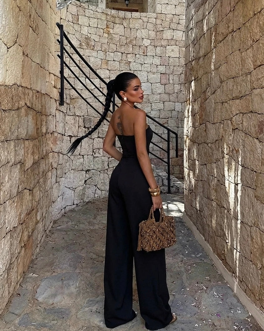 Black Elegant Strapless Jumpsuit | جمبسوت أسود أنيق بدون أكتاف