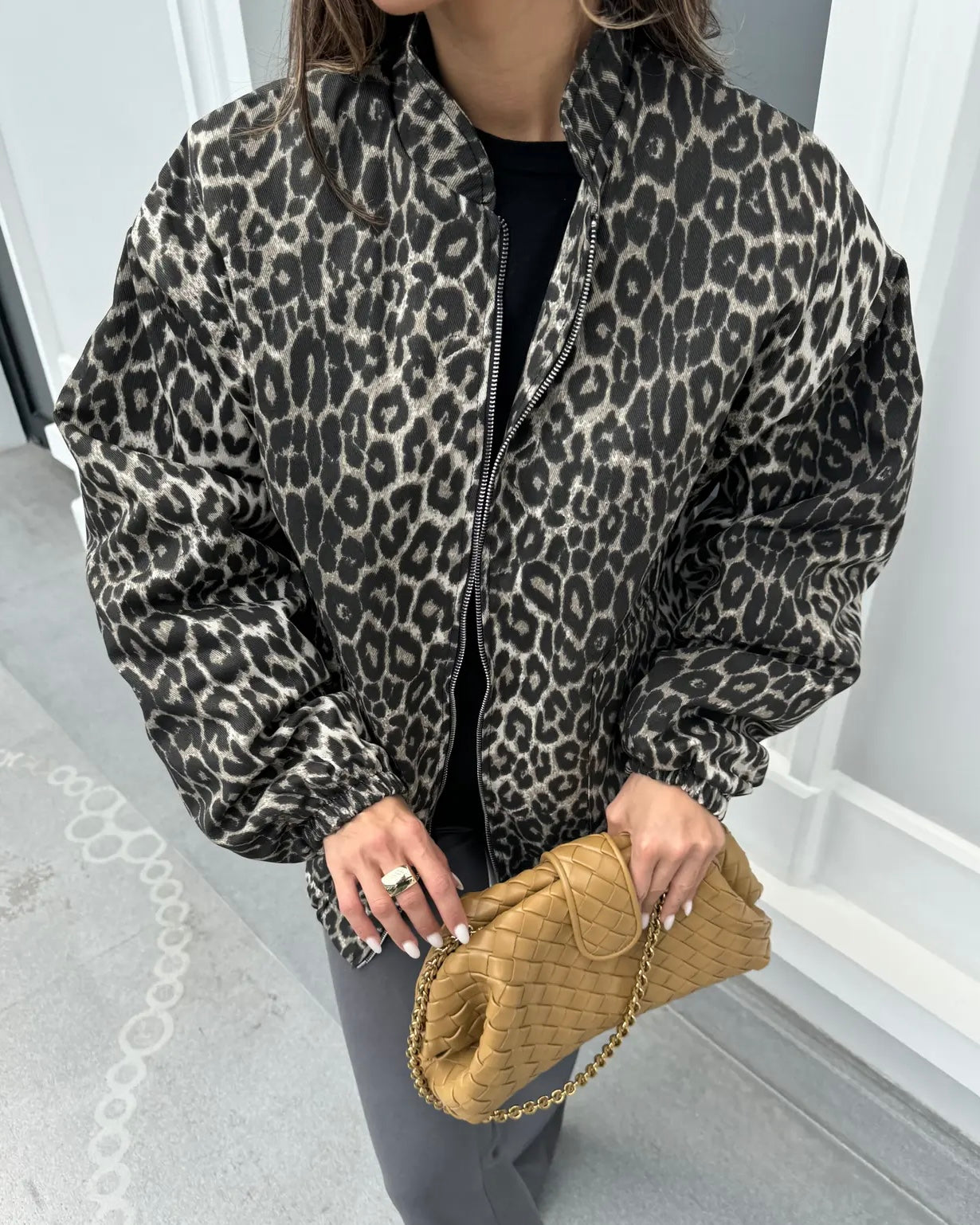 Leopard Print Puffer Jacket with Zipper