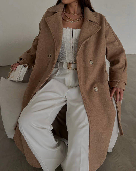 ‏Camel Oversized Wool-Blend Trench Coat