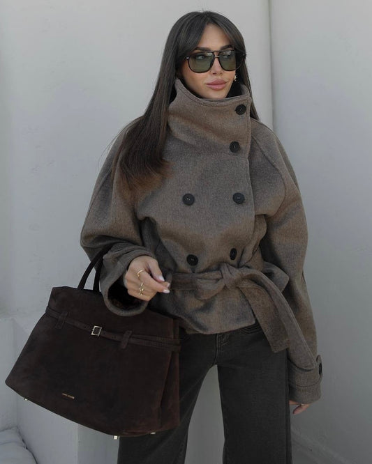 Elegant Taupe Oversized Double-Breasted Belted Wool Coat | معطف صوف تاوب واسع وأنيق بحزام وأزرار
