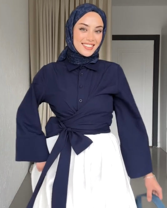 Navy Side Knot Wrap Top | توب كحلي ناعم بقصة لف وربطة جانبية