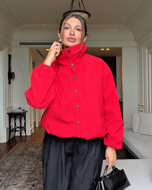 Red Oversized Windbreaker Jacket with High Neck, Elastic Cuffs | جاكيت أحمر واسع بياقة عالية وأكمام مطاطية
