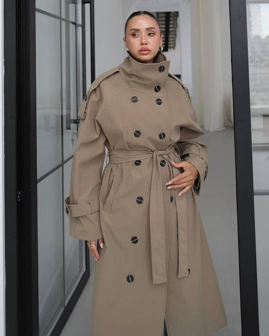 Elegant Beige Long Double-Breasted Trench Coat with Belt | ترانش كوت بيج طويل وأنيق بأزرار مزدوجة وحزام