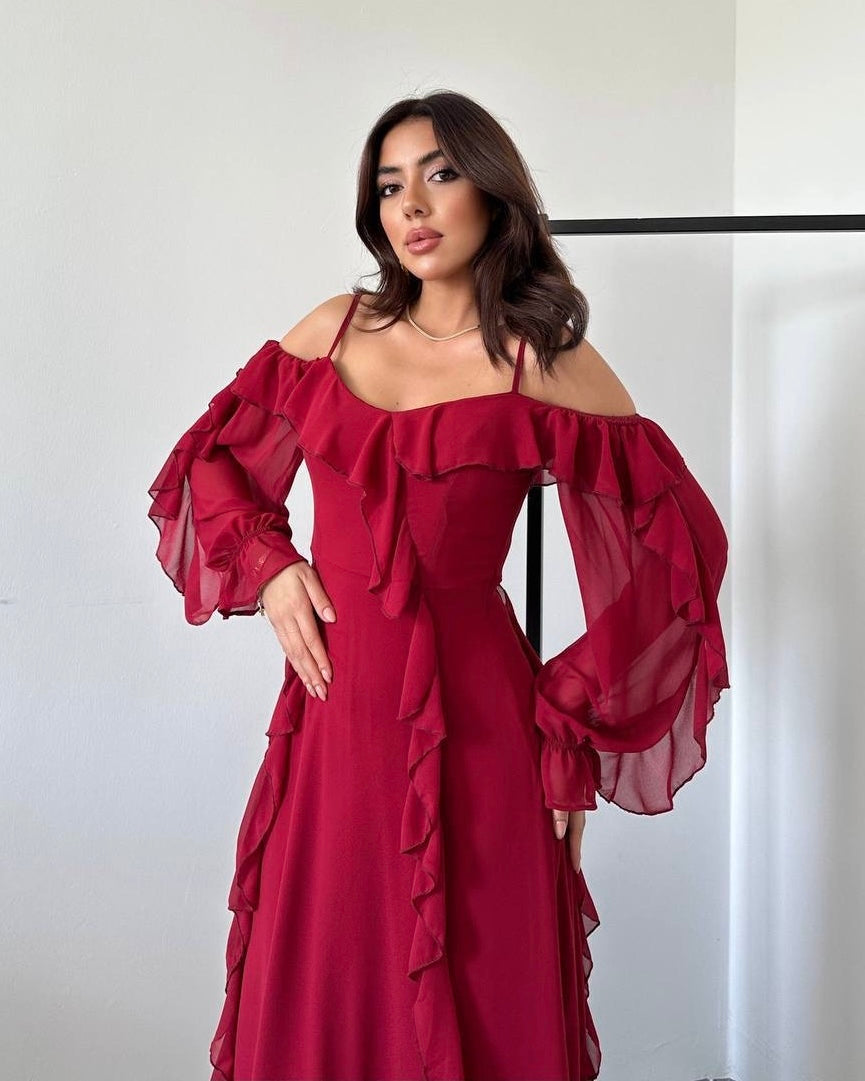 Long Red Dress with an Off-Shoulder Design | فستان أحمر طويل