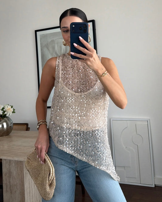 Champagne Sequin Sleeveless Mesh Top | بلوزة شامبين ترتر بدون أكمام بقماش شبك