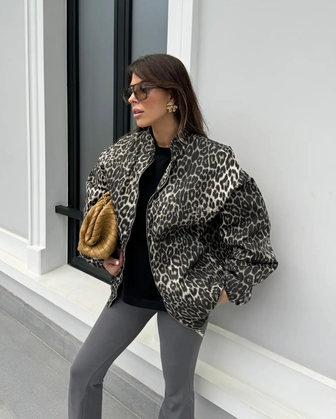 Leopard Print Puffer Jacket with Zipper