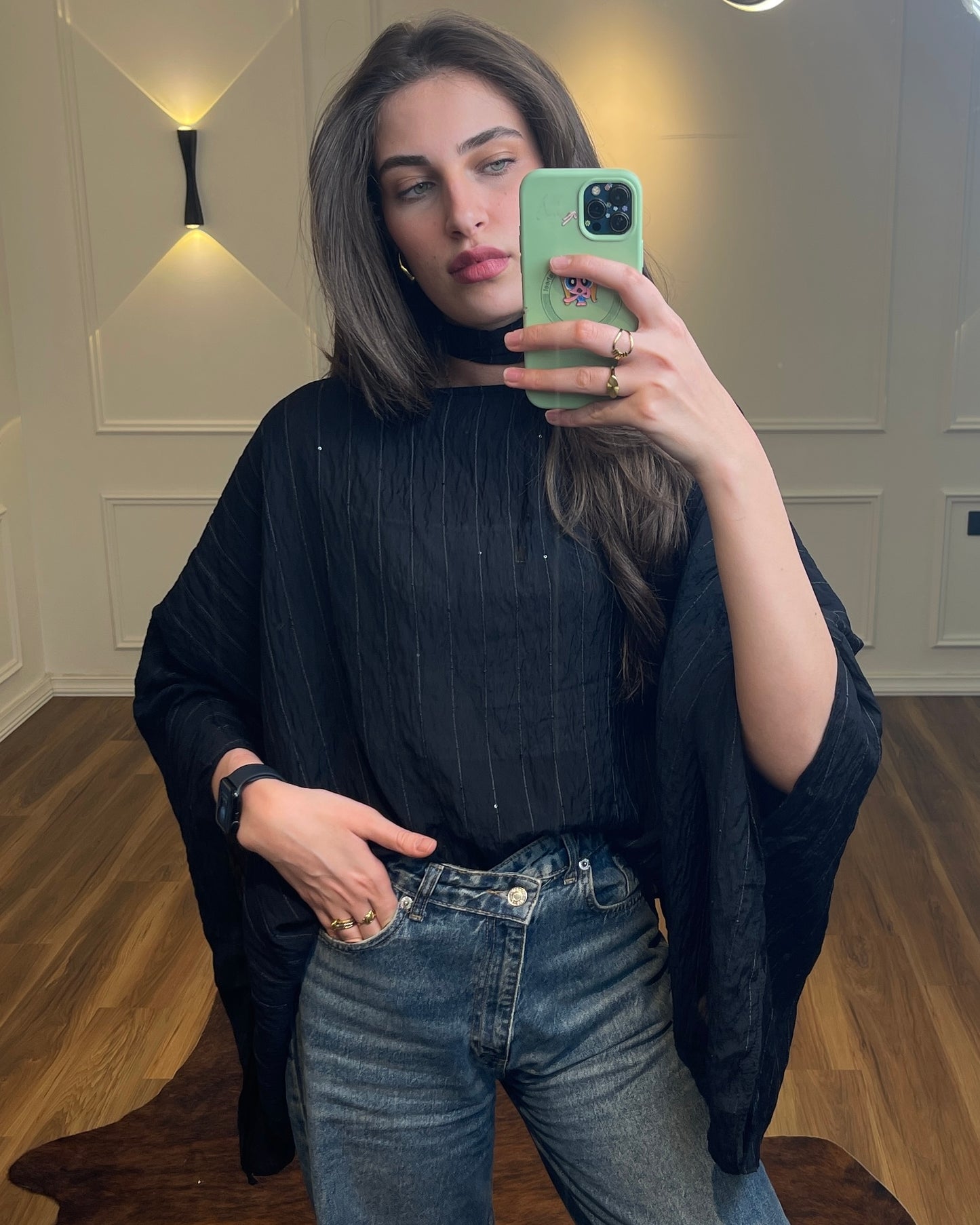 Black Sheer Poncho Blouse with Scarf Detail | بلوزة شيفون سودة بقصة واسعة مع شال