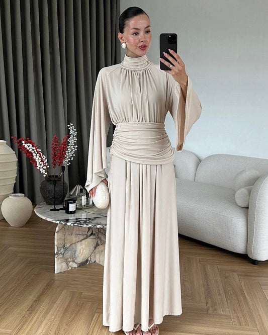 Elegant High Neck Maxi Dress with Ruched Waist & Flare Sleeves – Beige | فستان ماكسي نسائي أنيق بياقة عالية، خصر بكسرات وأكمام واسعة – بيج