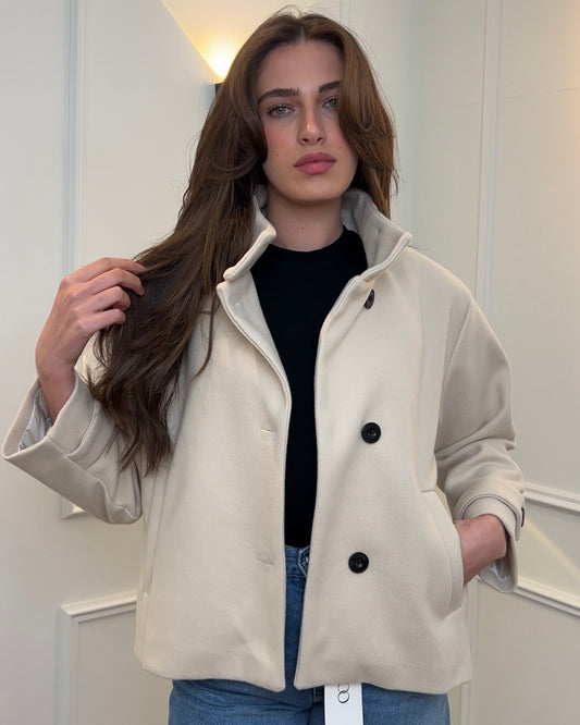 Ivory Wool-Blend Short Coat with Stand Collar & Button Front | جاكيت جوخ أوف وايت قصير بياقة واقفة وأزرار سوداء وجيوب جانبية