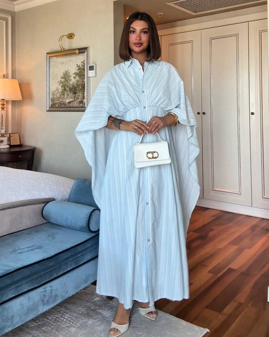 Elegant Pleated Button-Front Maxi Dress with Batwing Sleeves – Blue | فستان ماكسي نسائي أنيق بكسرات، أزرار أمامية وأكمام باتوينغ واسعة– ازرق